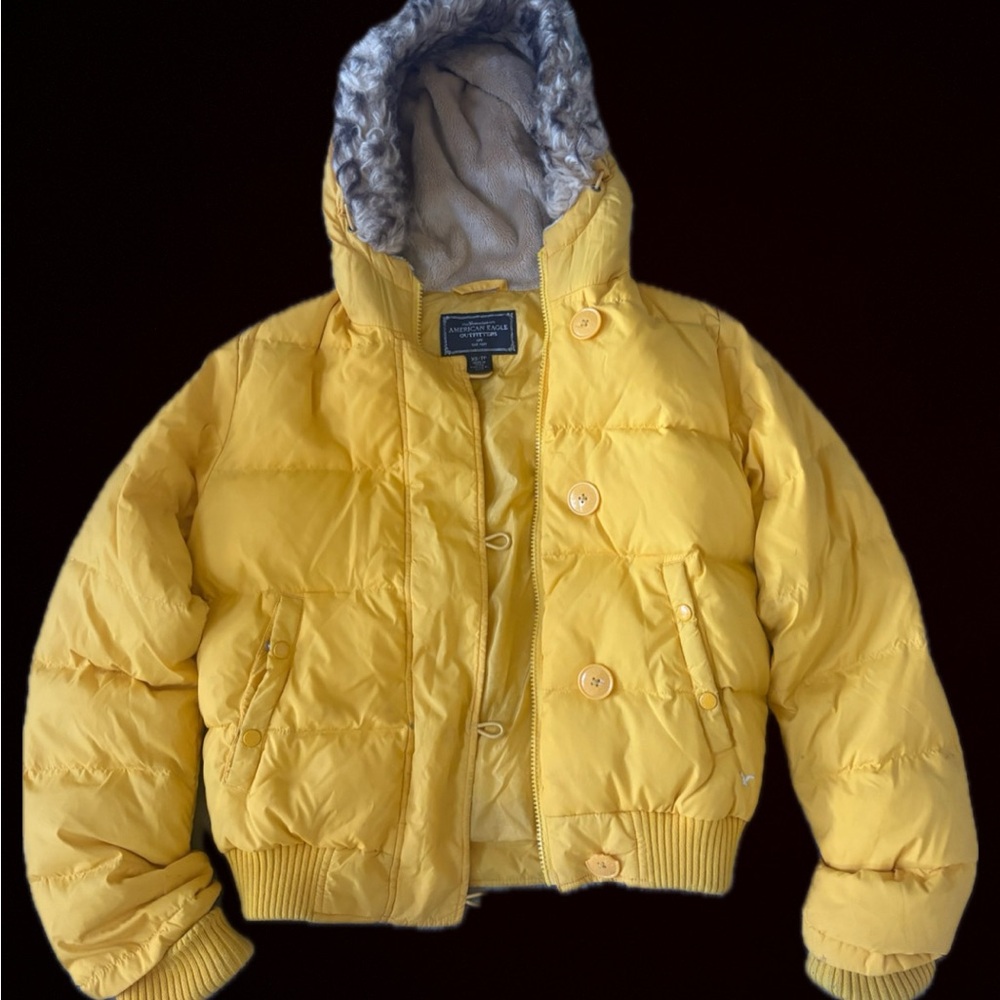 American Eagle Outfitters Yellow Kids Puffer with Faux Fur Trim